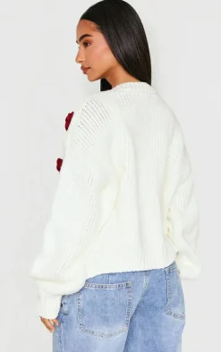 Petite Cream Knitted Slouchy Cardigan With Flower Trims