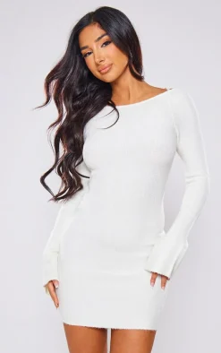 Petite Cream Lace-up Open Back Knitted Mini Dress