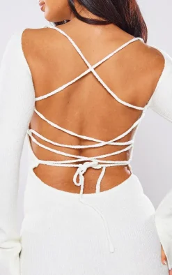 Petite Cream Lace-up Open Back Knitted Mini Dress