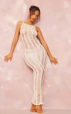 Petite Cream Ladder Knit Racer Midaxi Dress