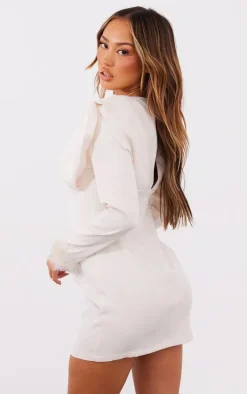 Petite Cream Long Sleeve Faux Feather Cuff Mini Dress