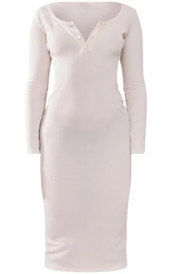 Petite Cream Long Sleeve Brushed Rib Button Detail Midi Dress