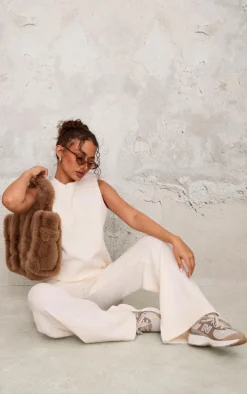 Petite Cream Marl Soft Knit High Neck Sleeveless Long Top