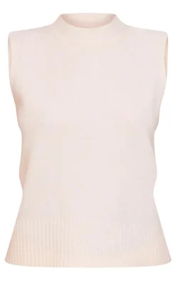 Petite Cream Marl Soft Knit High Neck Sleeveless Long Top