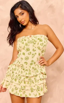 Petite Cream Printed Linen Look Tiered Ruffle Mini Dress