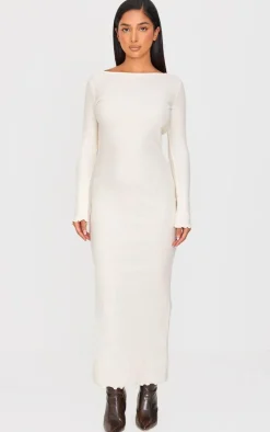 Petite Cream Ribbed Boat Neck Low Back Maxi Dress
