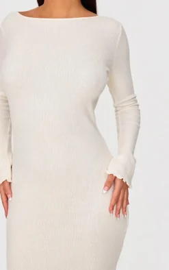 Petite Cream Ribbed Boat Neck Low Back Maxi Dress