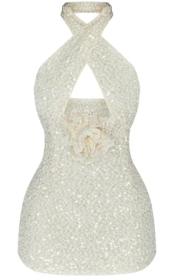 Petite Cream Sequin Cross Over Corsage Mini Dress