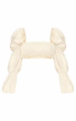 Petite Cream Shirred Puff Sleeve Crop Top