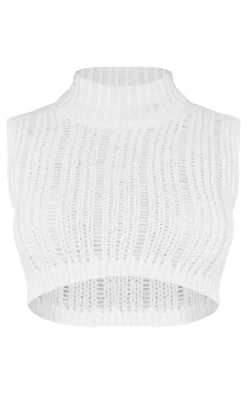 Petite Cream Sleeveless Knitted High Neck Crop Top