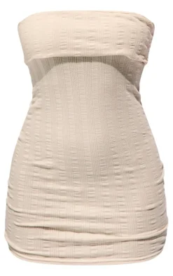 Petite Cream Textured Bandeau Fold Detail Bodycon Dress
