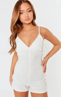 Petite Cream Textured Cup Detail Romper