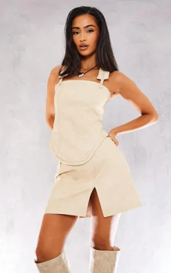 Petite Cream Washed Faux Leather Split Mini Skirt