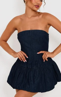 Petite Dark Blue Denim Puffball Mini Dress