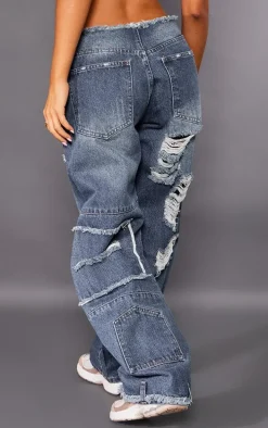 Petite Dark Blue Wash Distressed Patchwork Detail Jeans