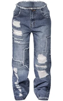 Petite Dark Blue Wash Distressed Patchwork Detail Jeans