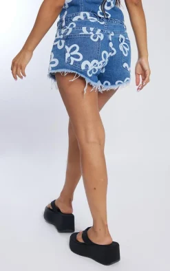 Petite Dark Blue Wash Floral Print Denim Shorts