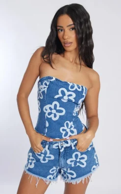 Petite Dark Blue Wash Floral Print Denim Shorts