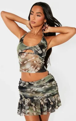 Petite Dark Green Printed Mesh Halterneck Crop Top