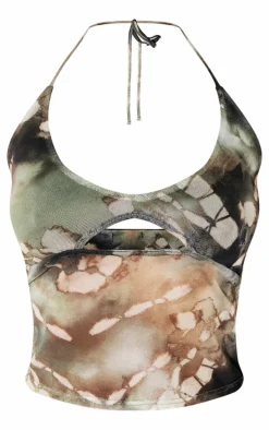Petite Dark Green Printed Mesh Halterneck Crop Top