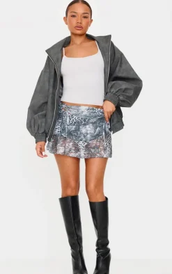 Petite Dark Grey Crushed Lace Ruched Detail Mini Skirt