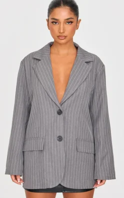 Petite Dark Grey Pinstripe Oversized Blazer