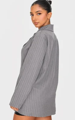 Petite Dark Grey Pinstripe Oversized Blazer