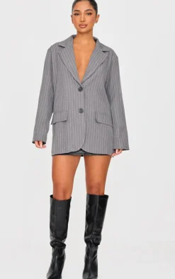 Petite Dark Grey Pinstripe Oversized Blazer