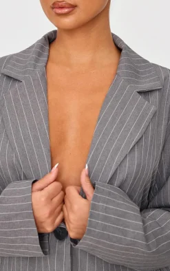 Petite Dark Grey Pinstripe Oversized Blazer