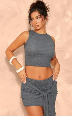 Petite Dark Grey Textured Racer Crop Top