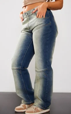 Petite Dark Indigo Washed Ombre Panelled Denim Straight Leg Jeans