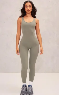 Petite Dark Olive Snatched Sculpt Square Neck Jumpsuit