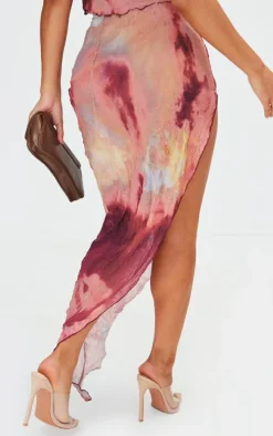 Petite Dark Pink Crushed Mesh Assymetric Hem Midaxi Skirt