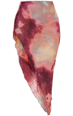 Petite Dark Pink Crushed Mesh Assymetric Hem Midaxi Skirt