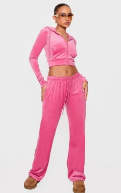 Petite Dark Pink Velour Diamante Embossed Sweatpants