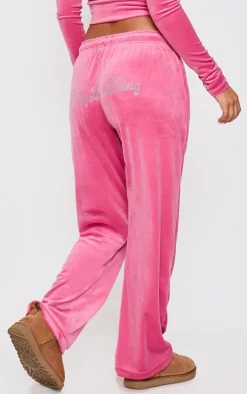 Petite Dark Pink Velour Diamante Embossed Sweatpants