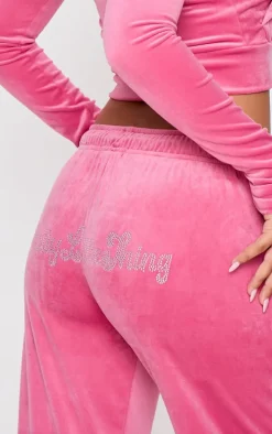 Petite Dark Pink Velour Diamante Embossed Sweatpants