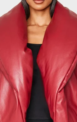 Petite Dark Red Exaggerated Collar PU Puffer Coat