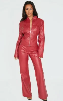 Petite Dark Red Faux Leather Flared Pants
