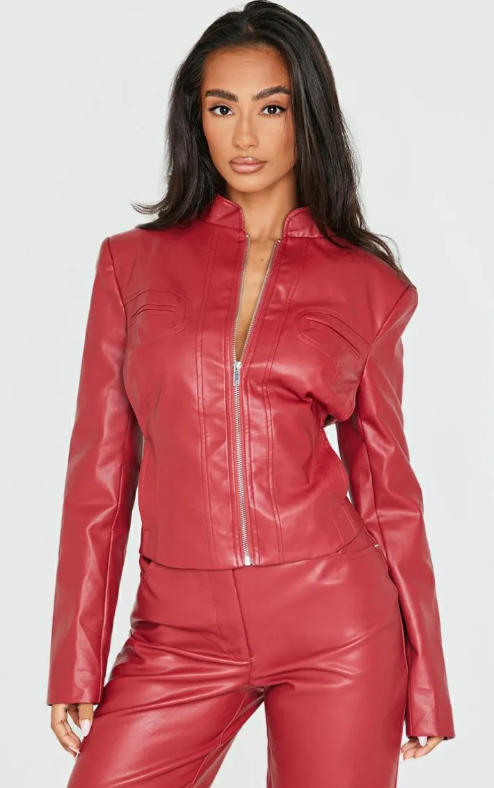 Petite Dark Red Faux Leather Fitted Seam Detail Jacket