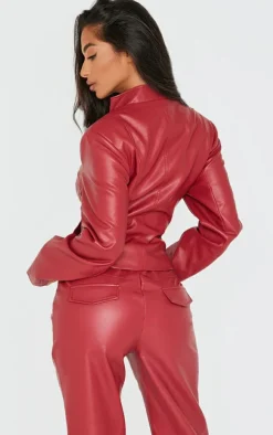 Petite Dark Red Faux Leather Fitted Seam Detail Jacket