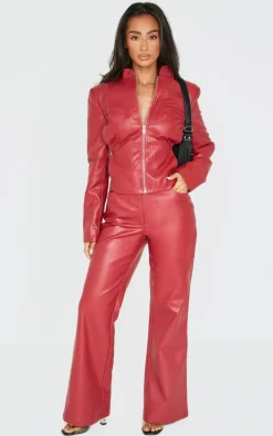 Petite Dark Red Faux Leather Fitted Seam Detail Jacket