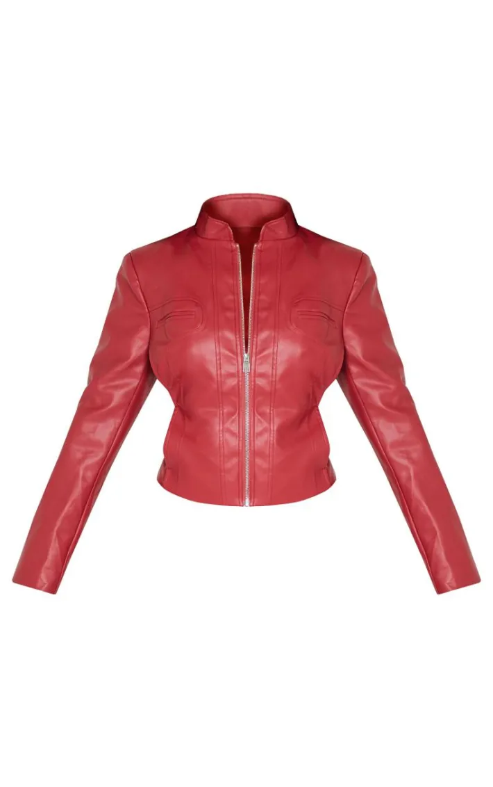 Petite Dark Red Faux Leather Fitted Seam Detail Jacket