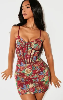 Petite Dark Red Floral Jacquard Strappy Mini Dress