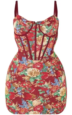 Petite Dark Red Floral Jacquard Strappy Mini Dress