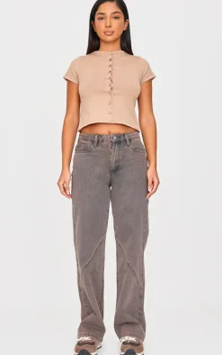 Petite Dark Sand Seam Detail Straight Leg Jeans