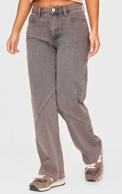 Petite Dark Sand Seam Detail Straight Leg Jeans