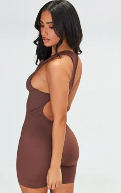 Petite Deep Mocha Snatched Rib Zip Up Front Unitard