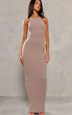 Petite Deep Taupe Knitted Open Back Maxi Dress