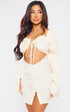 Petite Desert Sand Linen Cut Out Front Mini Dress